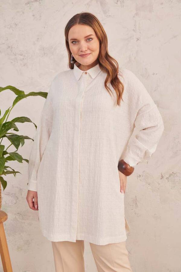 Ekru Dokulu Kumaş Oversize Tunik - 7