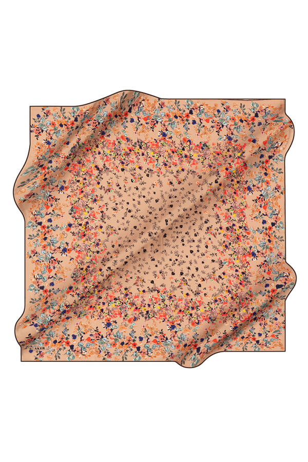 Çiçek Desenli 90X90 Aker İpek Tivil Eşarp - 1